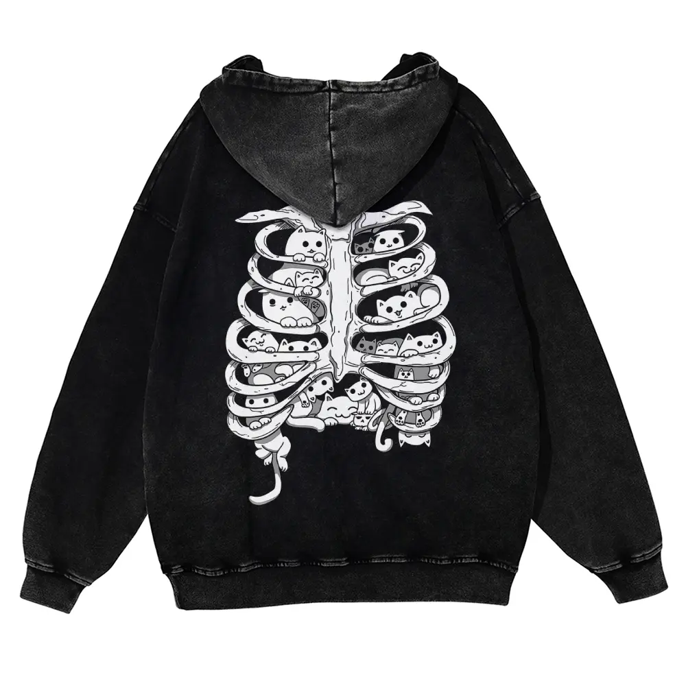 Unisex Vintage Washed Graphic Hoodie Oversized Skeleton Ribcage Cat Print Heavyweight Fleece Pullover Washed Brown Streetwear Sweatshirt