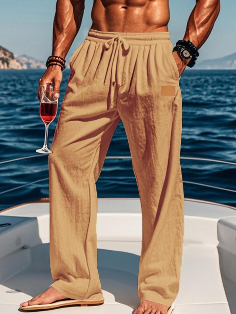 Men's Solid Color Linen Pants, Loose Casual Comfy Breathable Trousers, Casual Beach Pants for Vacation Holiday, Men Bottoms for Summer