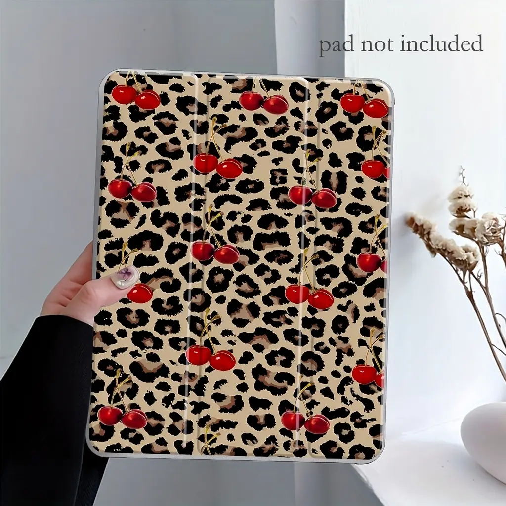 Retro Y2K Leopard Cherry iPad Case, Protective Tablet Cover, Transparent Acrylic Hard Back Panel With Pencil Slot, Suitable for Ipad mini pro air, Scratch-resistant, Ultra-thin, Shock-resistant Full Cover Case Suitable for Office, School (Case Only)
