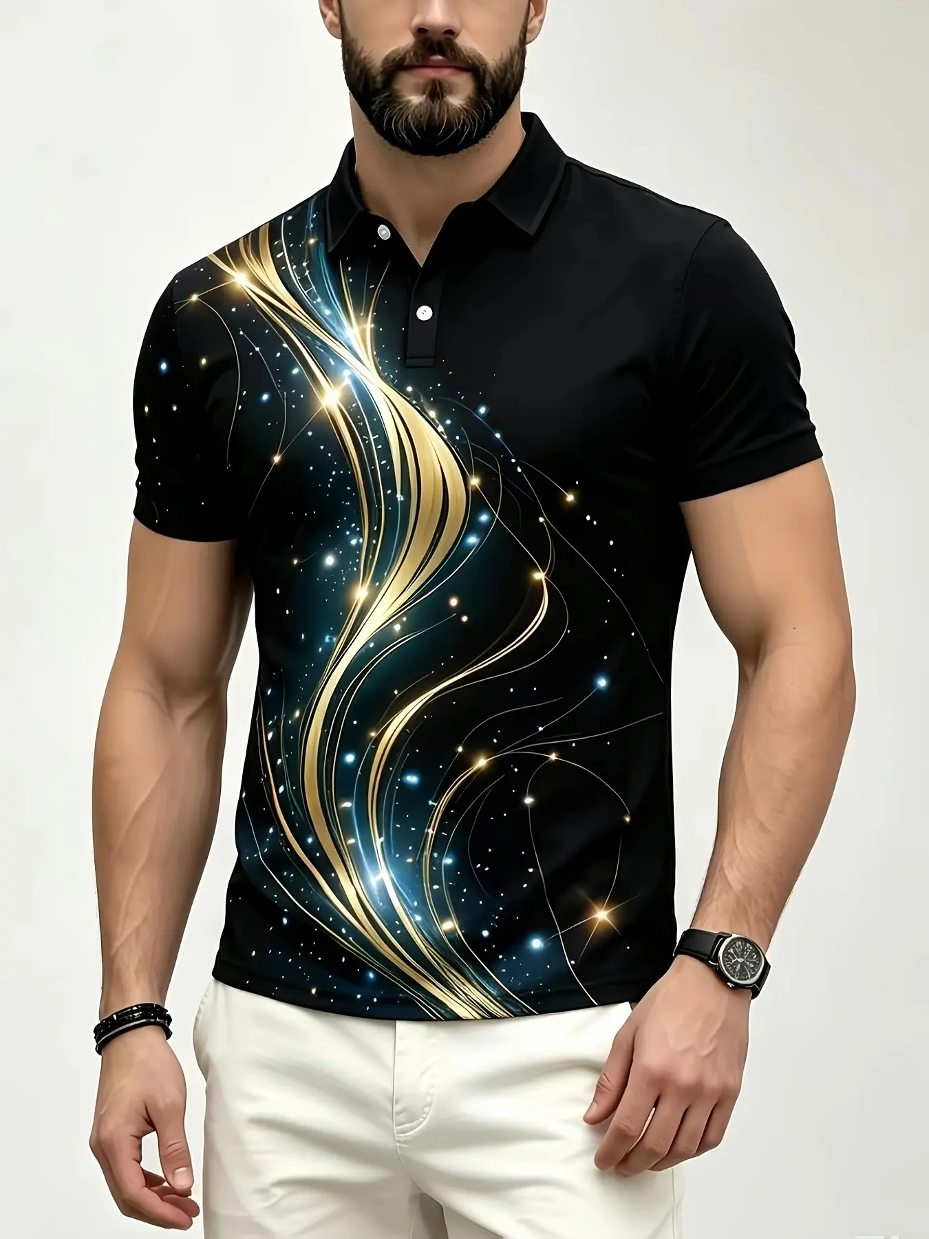 Men's Lapel Polo Shirt, Starry Gold Glitter 3D Digital Print, Lightweight Luxury Fashion Casual Business Summer Top, Loose-Fitting Striped Design