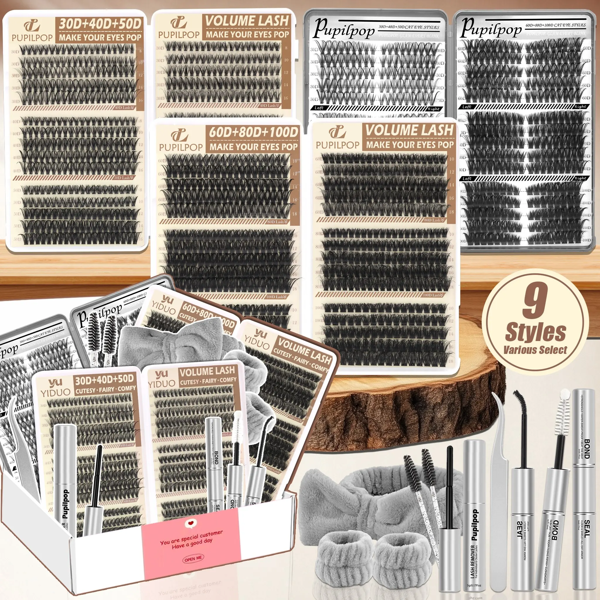Pupilpop Mixing Various Styles Lash Clusters Kit with 3D Effect,30D-100D D Curly Cat Eye Wispy Lashes, Bond & Seal, Remover, Tweezers, Brushes, Headband & Wristbands in Gift Box, Beginner-Friendly