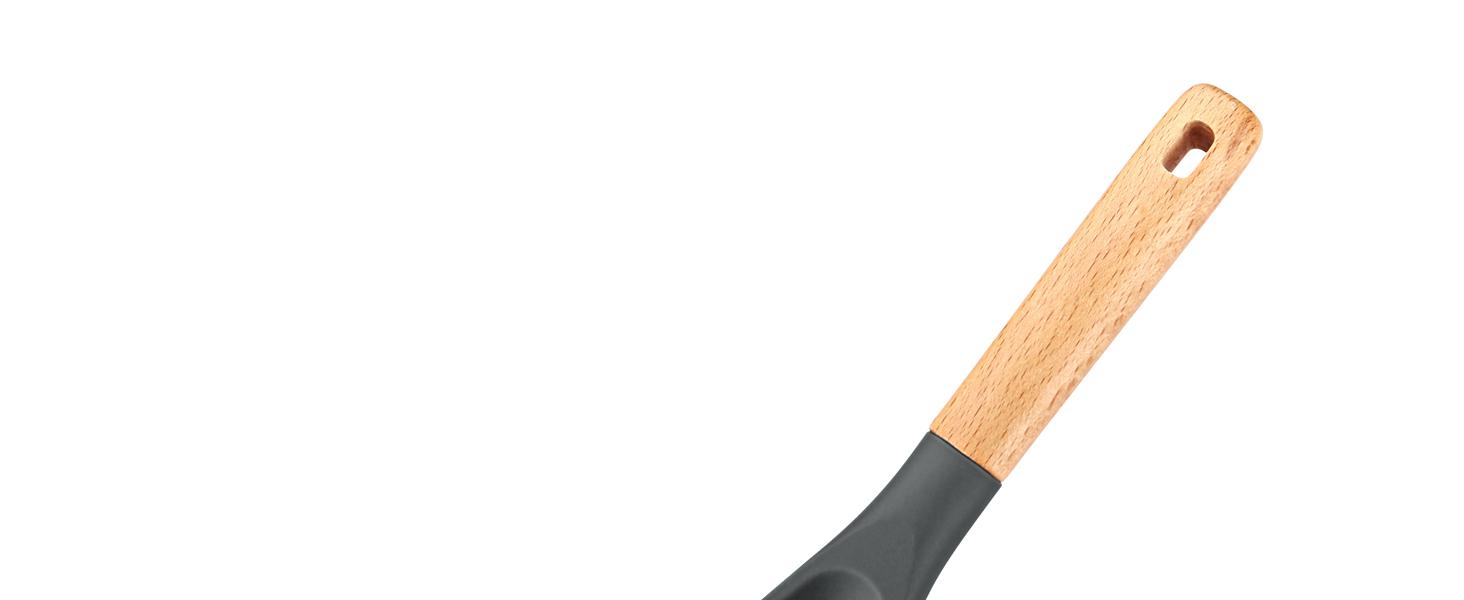Cooking Spoon for Nonstick Cookwares, for Cooking and Serving Sturdy BPA-Free Matte Silicone, Wood Handle Spoon for Mixing, Scoop, and Scrape (Black & Grey, 11.4 inch)