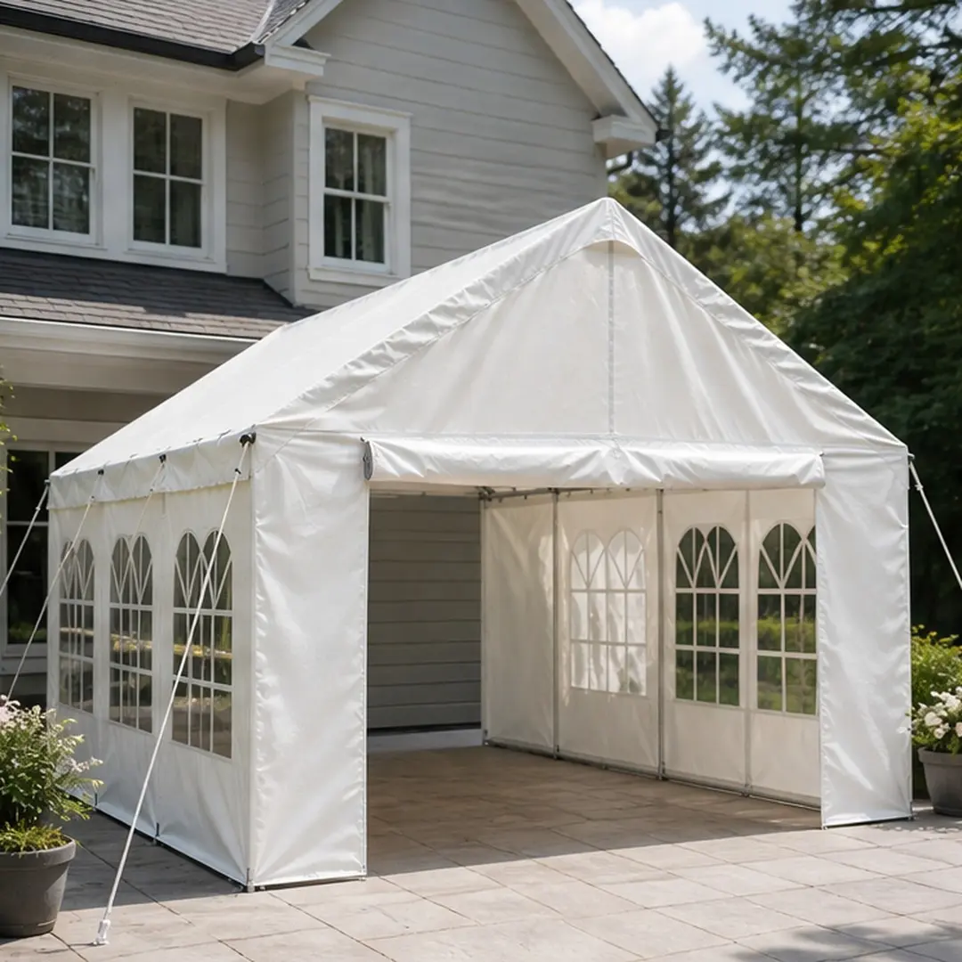 10'x20' Sturdy Arch Outdoor Carport Canopy - White Metal Frame, Removable Sidewalls, Water-Resistant UV-Proof Polyethylene Cover, Sun Protection All Weather Shelter & Gazebo with Ground Stakes, Ropes for Multiple Vehicles, BBQs