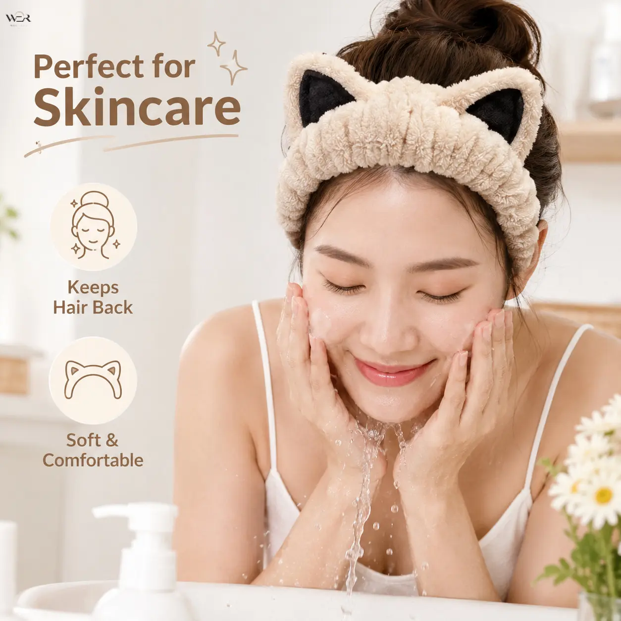 Cute Plush Cat Ear Spa Headband Soft Elastic Fluffy Coral Fleece Skincare Makeup Washing Face Hair Holder 4 Colors One Size Fits All Women Teen Girls Comfort Daily Hair Accessory Gift