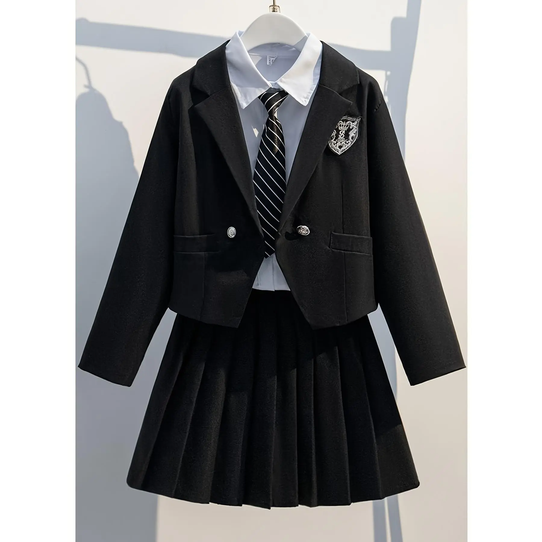 Girls' JK Suit Spring Autumn 2026 New Large Child Preppy Style Blazer And Pleated Skirt With white shirt and tie 4‑piece set Girls Small Suit