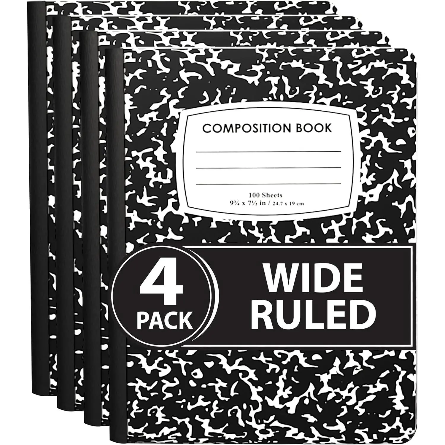 Composition Notebooks, Wide Ruled Composition Notebook, Black Marble Covers Composition Notebook, 100 sheets (4 Pack, Wide Ruled)