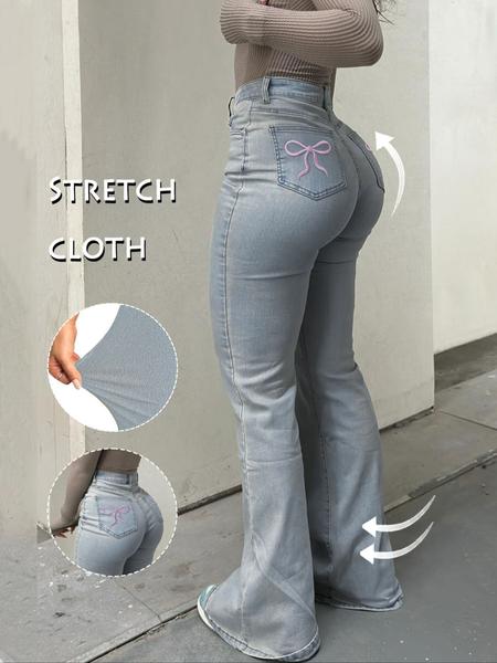 GILIPUR Y2K Women's Casual Denim Flared Pants Back Pocket Embroidered Bow Mother Stretchy Jeans Comfortable And Fashionable Women's Pants For All Seasons Stretchy Jeans Flared Pants Starched Stretchy Jeans Girls Stretch Stretchy Jeans