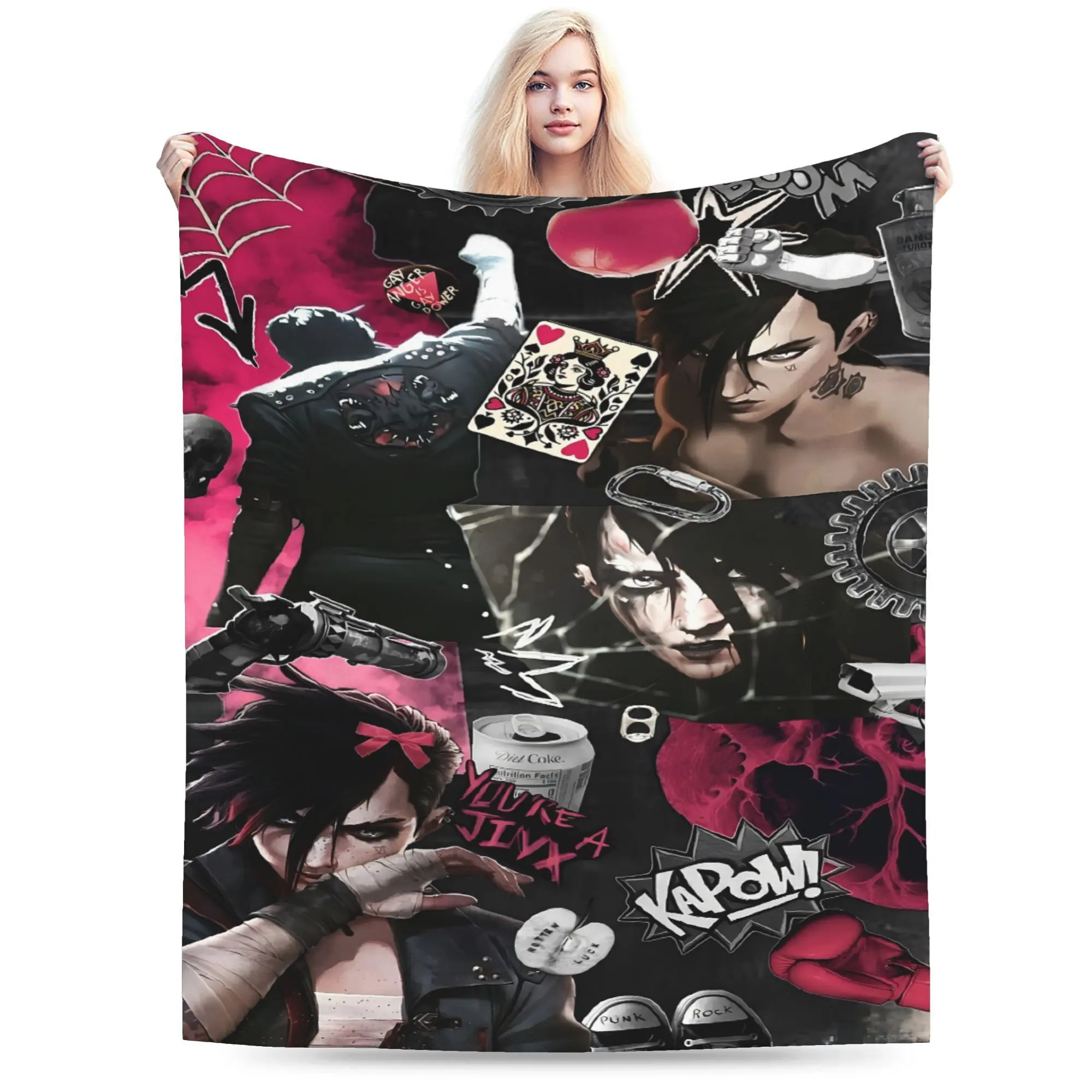 Arcane Jinx Collage Cotton Fleece Throw Blanket, Dark Pink Smoke-Street Art Print, Fading-Proof Anti-Hero Soft Warm Bedding, Gift for League of Legends Fans Teen Girls