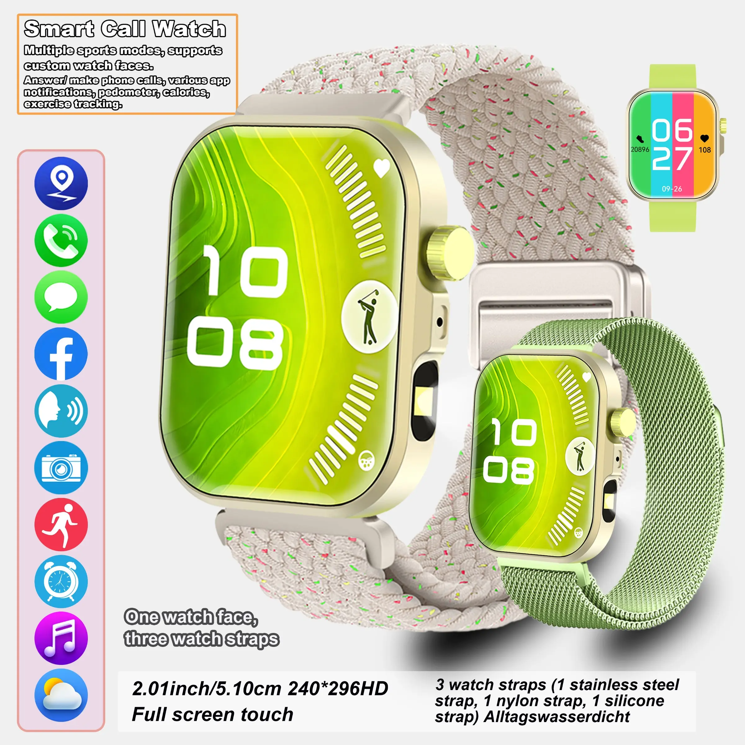 Smartwatch 2.01 large display, Bluetooth wireless calling, heart rate monitoring, multiple sports modes, outdoor flashlight function, various watch strap sets, compatible with iPhone and Android, ideal gift