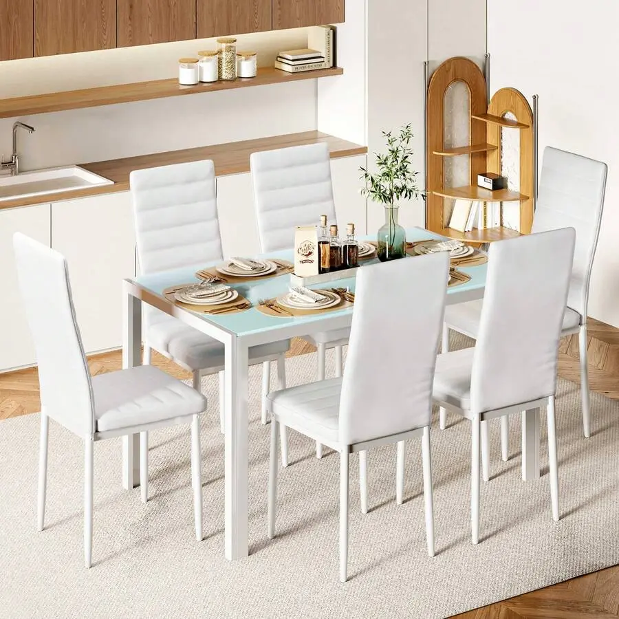 [2 Packages Shipping]4- Chair And 6- Chair Dining Table Set , With Glass Dining Table, PU Leather Chairs, Modern Room Sets Dining Room, Living Room