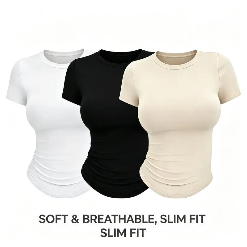 Women Crew Neck Short Sleeve Fitted T‑Shirt, Soft Stretchy Basic Curved Hem Cropped Top, Casual Y2K Style Top for Daily Streetwear