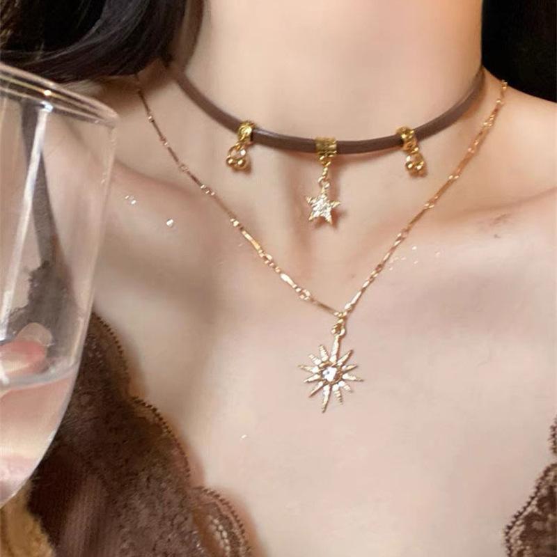 Gold Layered Star Sun Pendant Necklace Set, Brown Leather Choker Necklace for Women