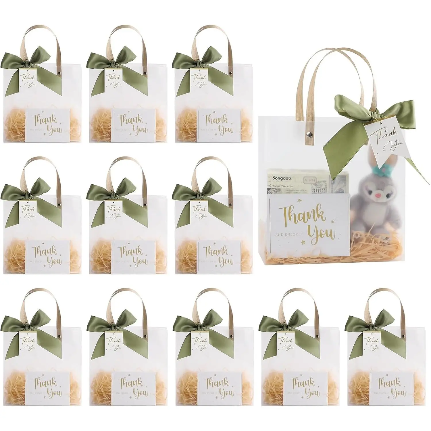 12 Pack Clear Plastic  Bags with Handles, 7.9" x 7.9" x 3.1" Party Favor Bags with Green Ribbons and Tags, Frosted Tote Bags for Candy,Wedding  Shower Valentine's Day