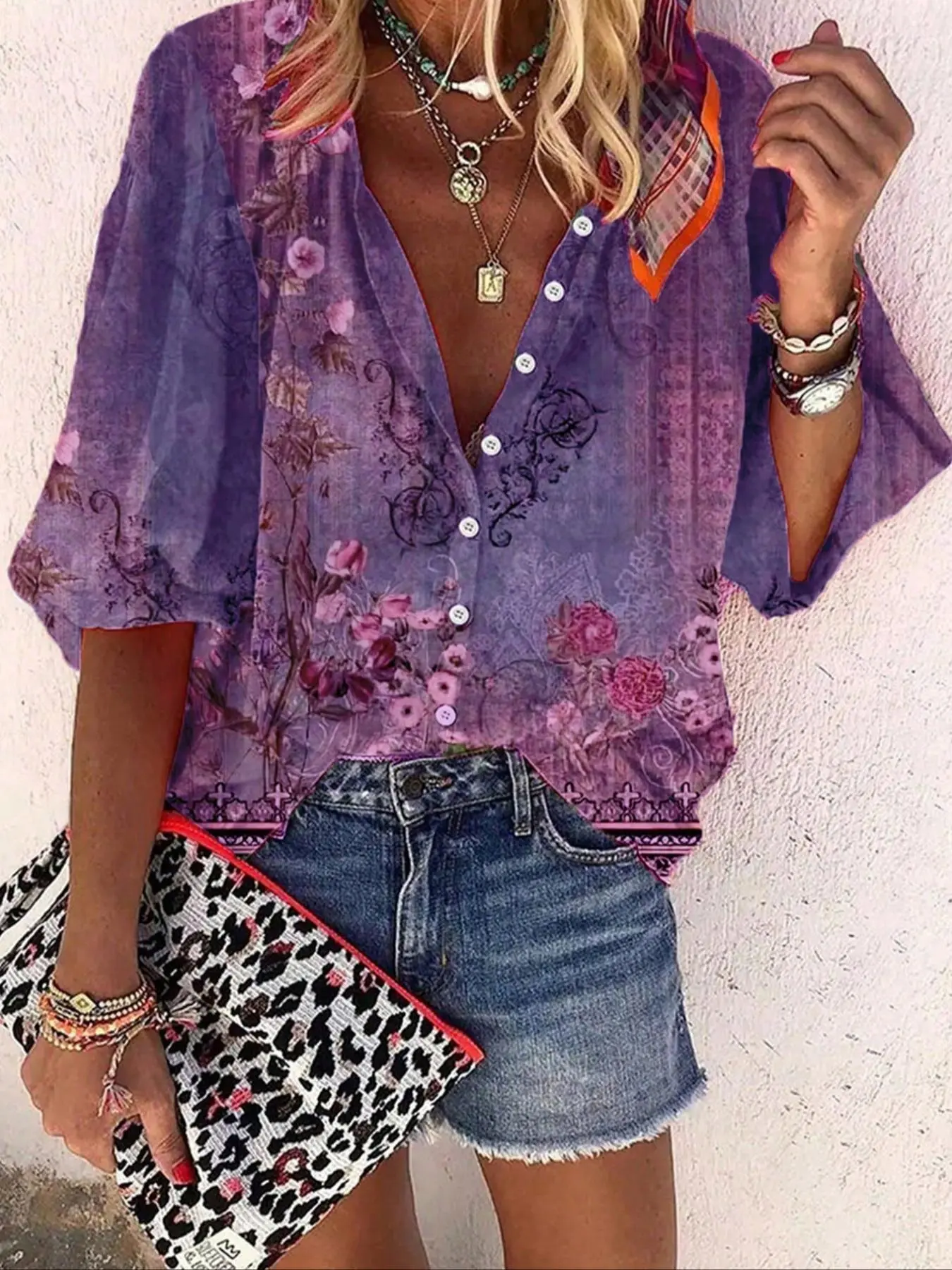 Women's Chic Ethnic Pattern Button Front Blouse, Boho Bohemian Bishop Sleeve Mock Neck Top for Daily Holiday Vacation Wear, Ladies Clothes for All Seasons, Casual Daily Tops