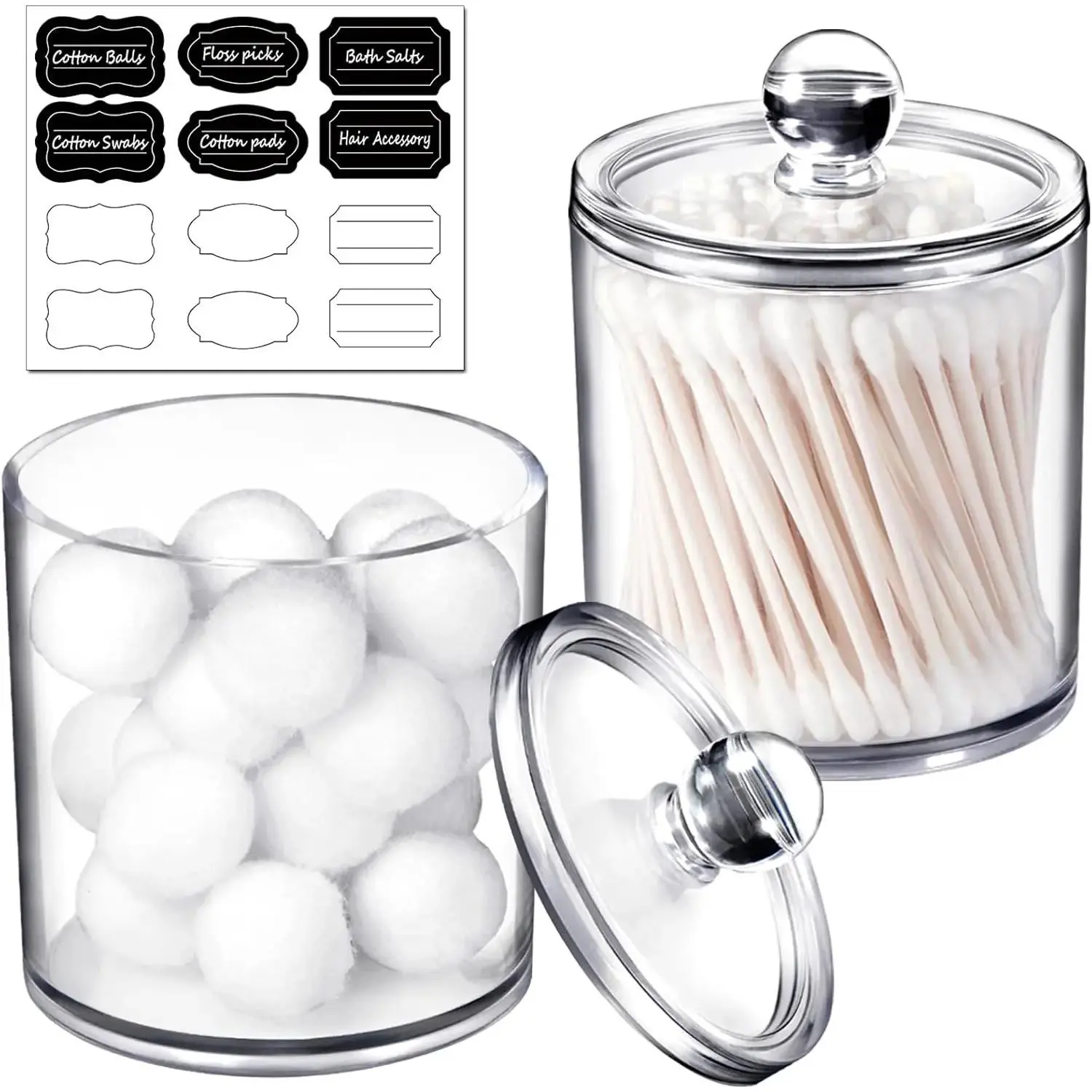 2 Pack Qtip Dispenser Apothecary Jars Bathroom with Labels - Qtip Holder Storage Canister Clear Plastic Acrylic Jar for Cotton Ball,Cotton Swab,Q-tips,Cotton Rounds (Small) Bottles Tin