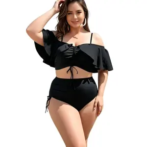 Plus Size Tankini Set for Women, 2-Piece Off-Shoulder Ruffle Top with High Waisted Tummy Control Bottoms, Textured Swimwear, Plus Size Swimsuits, Swimsuit Plus Sizes