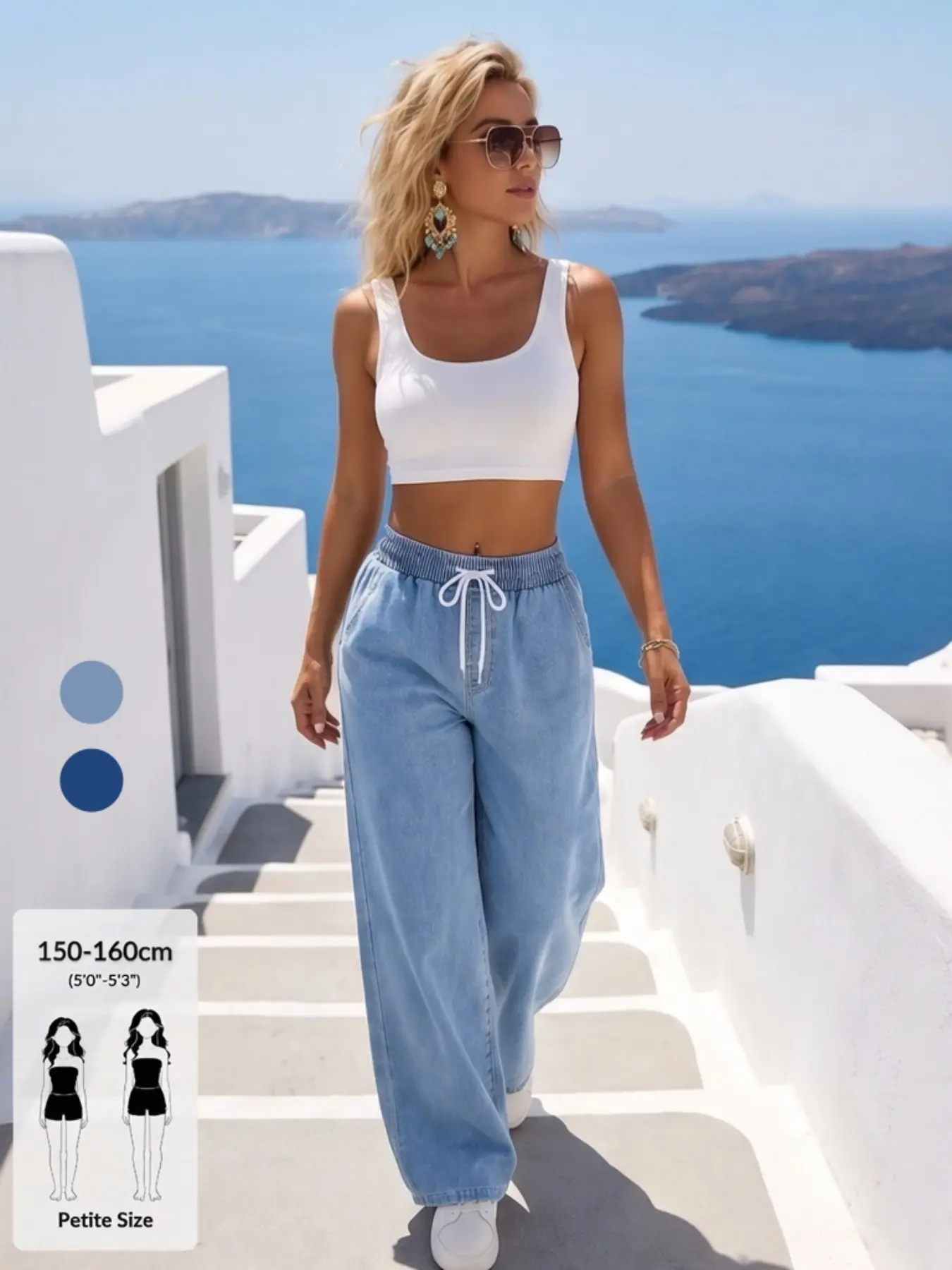Women's Petite Size Casual Jeans, Elastic Waist Drawstring Design, Comfortable Fashion, Versatile Daily Wear, Long Regular Fit