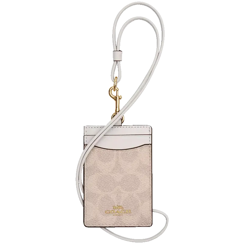 COACH Lanyard Cardholder for Women – Classic Logo Print PVC and Leather, Beige and White