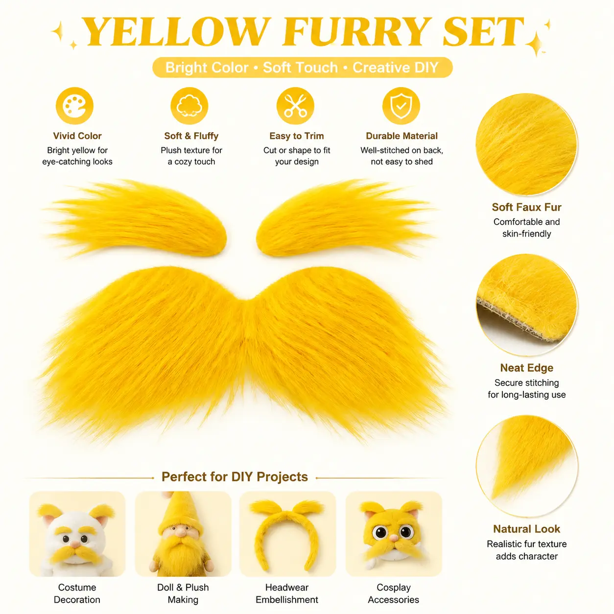Two-Piece Yellow Mustache and Eyebrow Set – Self-Adhesive, Latex-Free Cosmetic Accessories for Halloween, Costume Parties, Theater Performances, Gender-Neutral Fun and Photo Booth Props