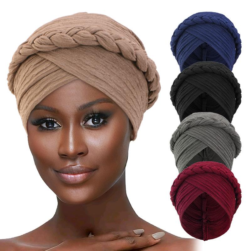 Fashion Braid Turban Hat, Solid Indian Style Pleated Bonnet for Women