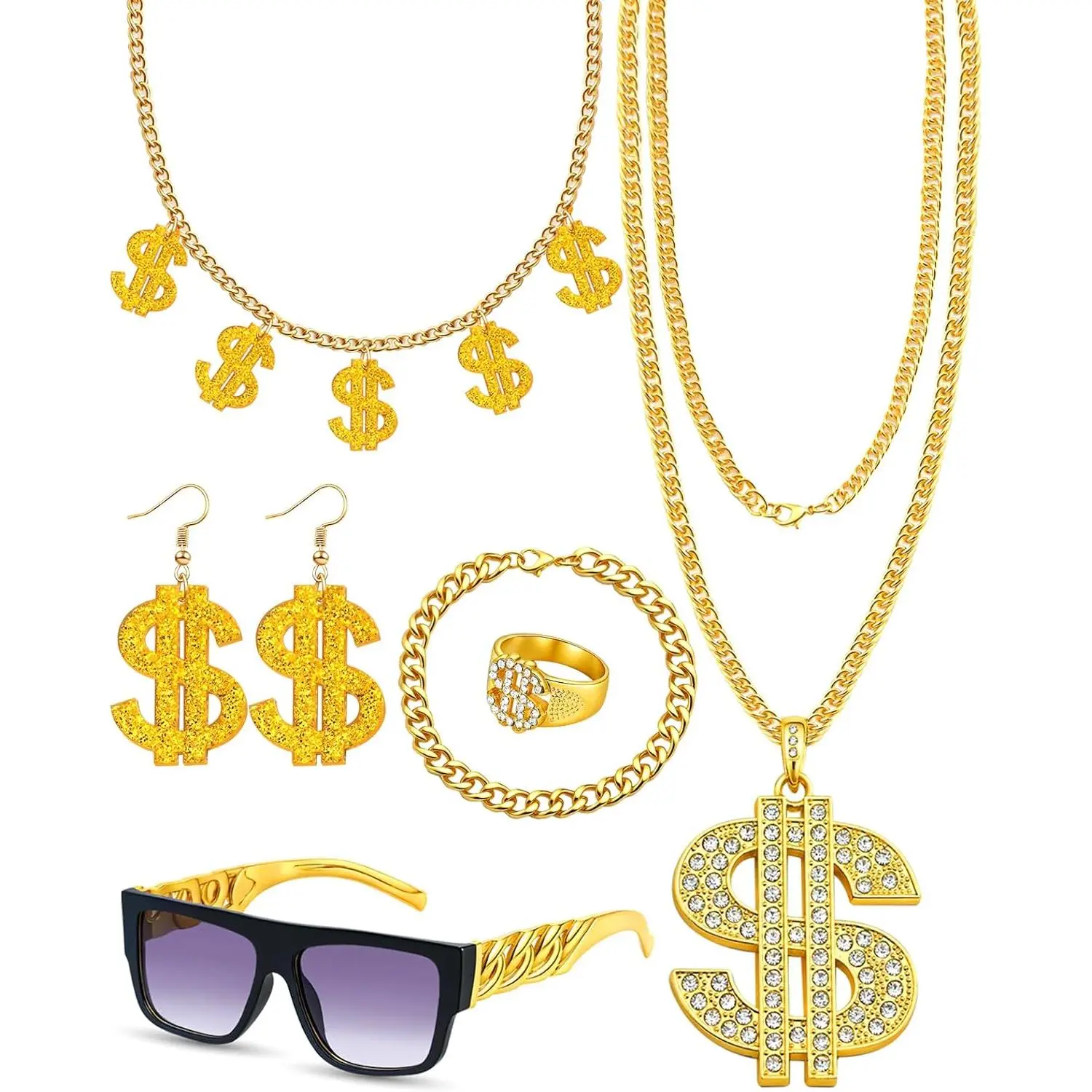 80s 90s Outfit for Women Men  Hop Costume Kit 80s 90s Rapper Accessories Sunglasses Bracelet Necklace Ring Set