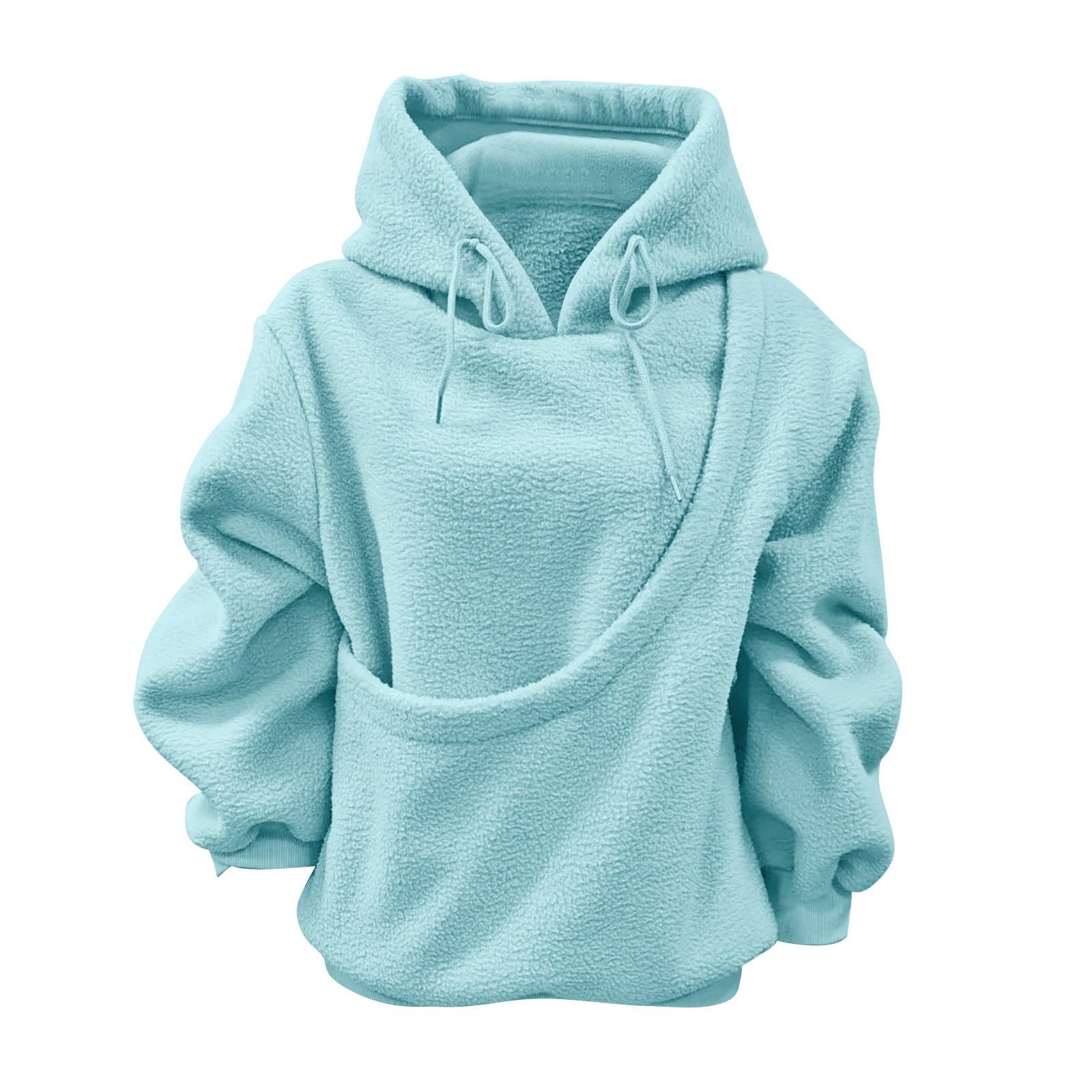 Autumn and Winter Solid Color Hooded Plush Pet Pocket Loose Pullover Sweatshirt for Women Fashionable Warm Cold Resistant Polyester,Gift