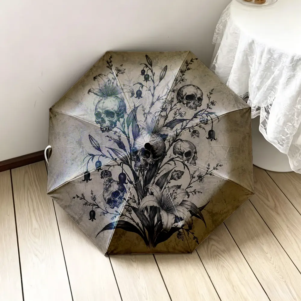 1PC Halloween 2D printed folding umbrella, optional internal or external printing, skull & lily pattern folding umbrella, suitable for daily commuting, travel, outdoor activities, ideal for holiday-themed use and gifting occasions