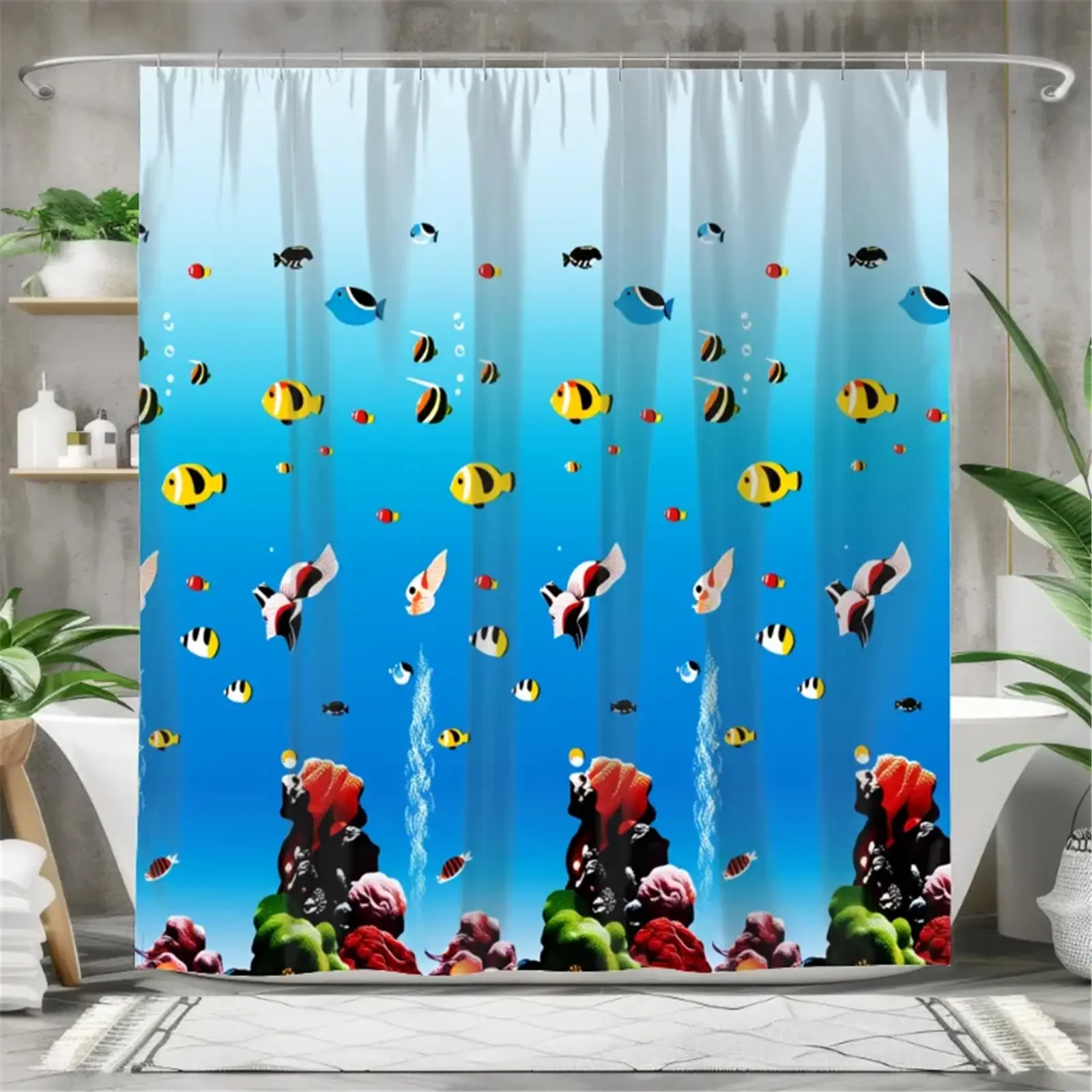 Colorful sea fish coral pattern shower curtain set, waterproof shower curtain with 12 hooks, non-slip bathroom carpet, toilet U-shaped cushion, toilet seat cover cushion, bathroom decoration, perfect mobile gift.