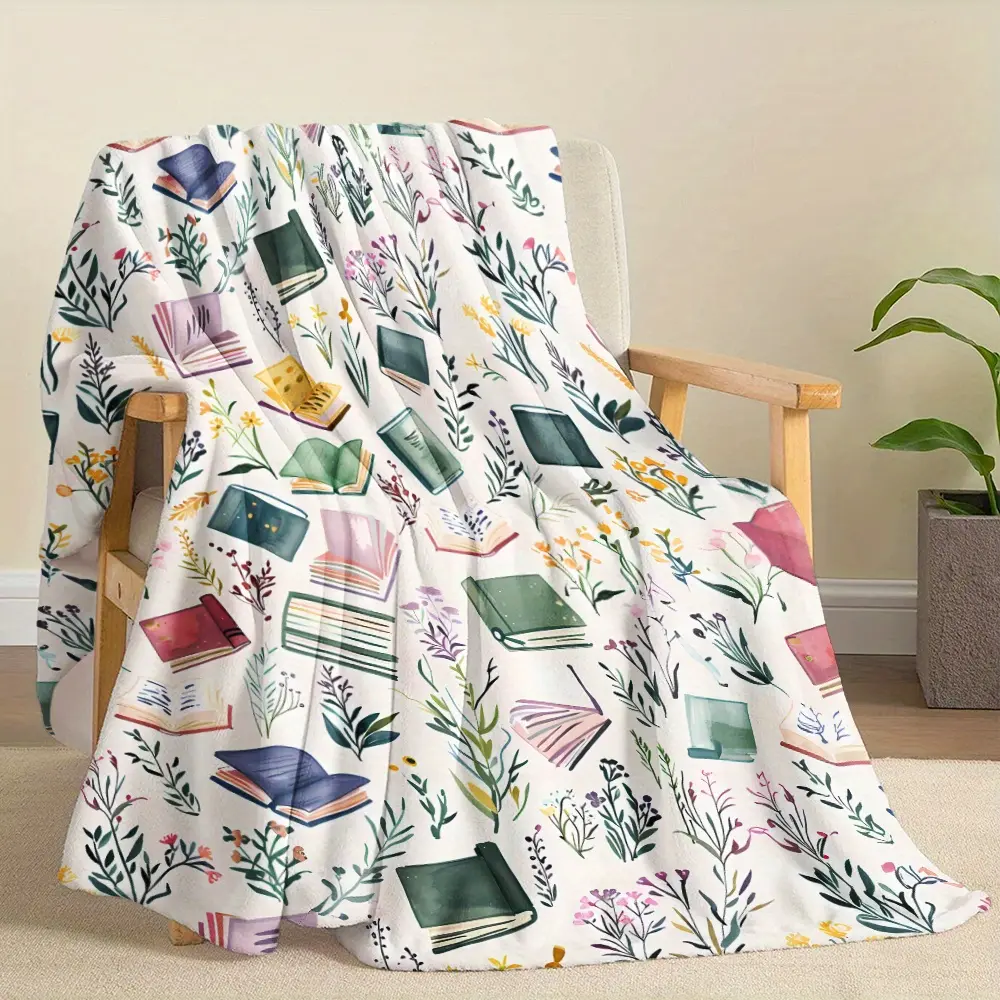 Flannel Printed Blanket - Watercolor Books Surrounded by Wildflowers & Plants Design, Soft Cozy Throw for Napping Camping Travel, Perfect Holiday Gift for Book Lovers, Friends, Family