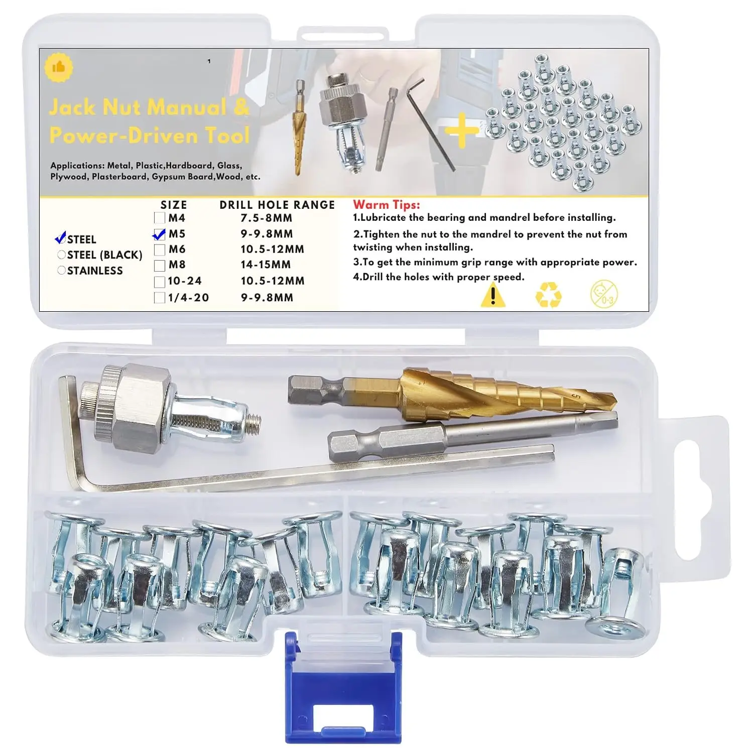 Low Carbon Steel Zinc Plated Jack Nut Installation Tool Kit, Threaded Insert Petal Nuts Nutserts Jacknut Screw Anchor Spider Rivnut for Plastic Boards, Polywood, Pressboard, Hardboard, Thin Board, Diy Users