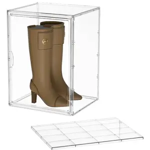 XXX-Large Clear Display Case Stackable Plastic Storage Bins with Lid, 2 Tiers Boot Shoe Box Organizers with an Adjustable Divider, Big Acrylic Display Storage Box with Magnetic Door