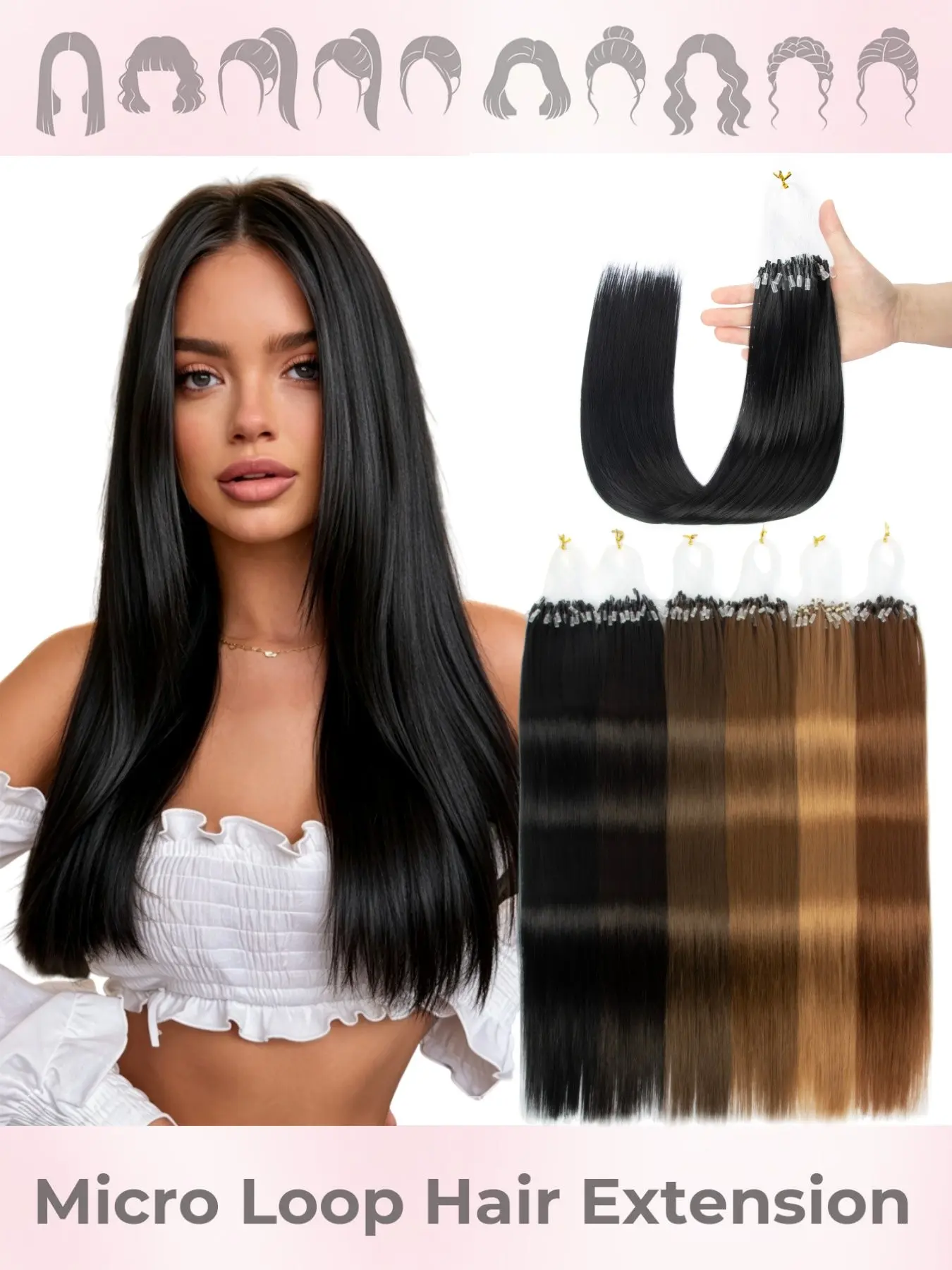 50pcs 20Inch Micro Ring Hair Extensions - Invisible Seamless Micro Ring Beads, Glueless Extension Hairpiece, Natural Straight Human Synthetic Hair Extensions for Women,  Perfect for Parties, Photoshoots, and Everyday Hairstyles 50g/Pack