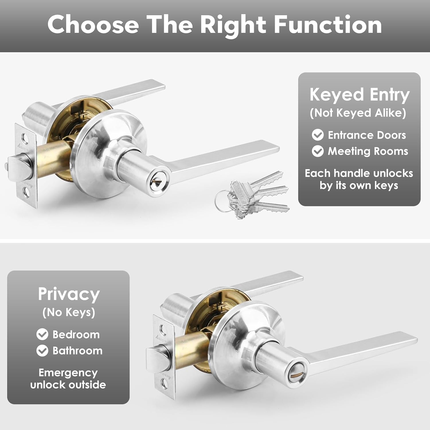 Keyless Door Handle Lock Without Key,Reversible Door Lever with  Released for Right & Left Side, for Interior for Bathrooms and Bedrooms (Classic,, Brushed Nickel)
