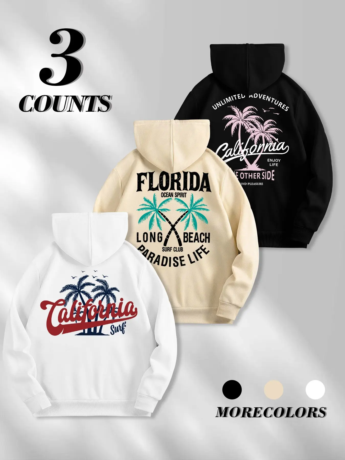 Three-piece American West Coast California Long Beach Palm Coconut Tree Small Print Men's Hooded Sweatshirt, Loose and Casual Beach Vacation Pullover Shirt