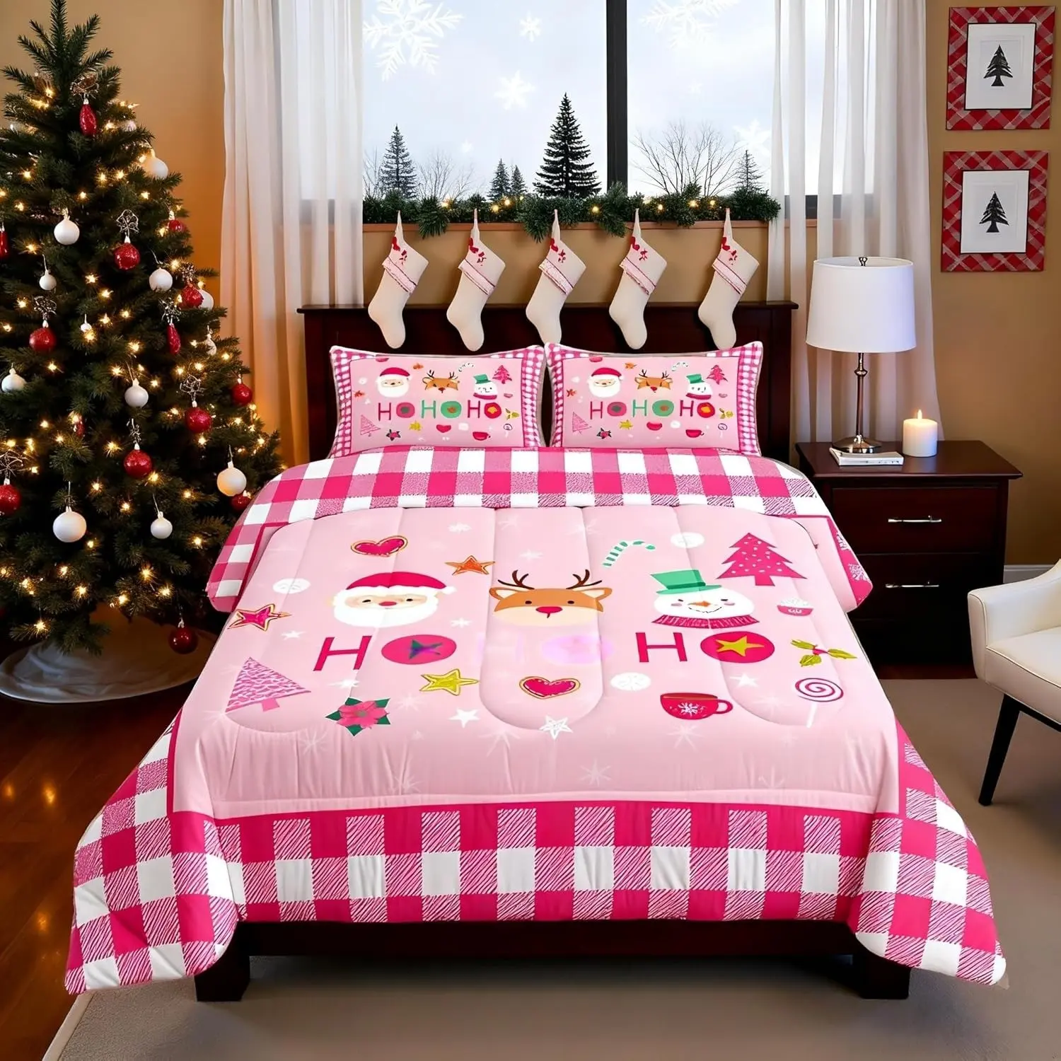 Merry Christmas children's quilt cartoon Santa Claus snowman deer bedding set, 3-piece set, multiple sizes available, geometric grid fashion quilt, pink Christmas 1 quilt + 2 pillowcases