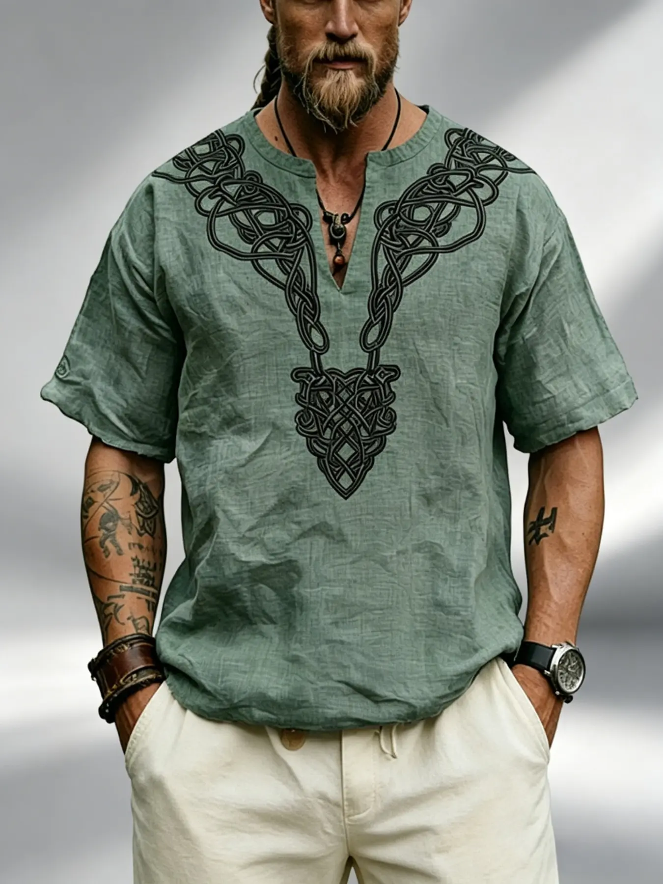 Men's New Summer Retro Vintage Viking Totem Graphic Print Short Sleeve Shirt, Loose V-Neck Ethnic Casual Top, Multi Color Available Niche American Street Style Breathable Tee for Men