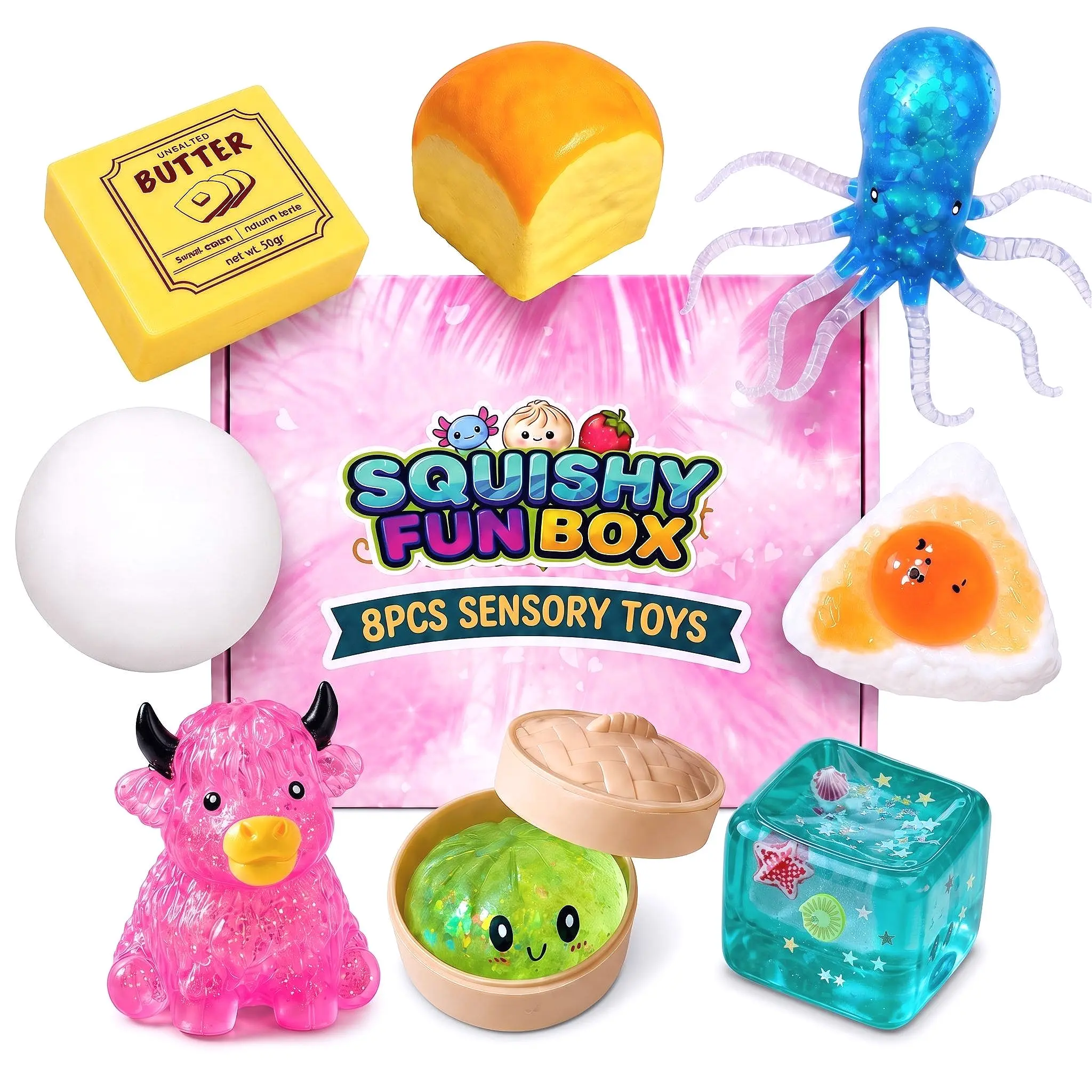 STS02 8-Pack Slow and Fast Rising Squishy Toys, Soft Maltose and Sticky Silicone Squeeze Toys, Assorted Food Animal Shapes with Fine Glitter, Shell and Snowflake Ornaments, Decompression Fidget Toys for Stress Relief, Party Gift, 9 Different Styles