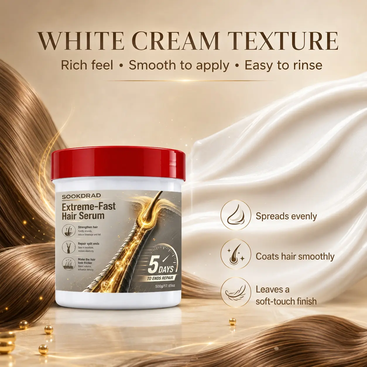 Extreme-Fast Hair Serum, strengthen strands, repair split ends, reduce breakage, restore elasticity, boost volume, enhance density, 5-day ends repair, 500g