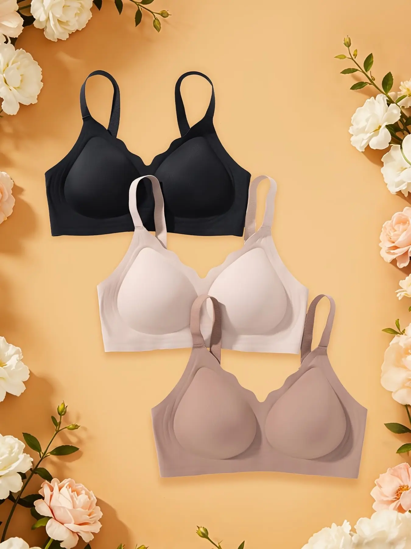 3pcs Women's Seamless Bralettes, Push-Up Wireless Comfortable Everyday Lingerie, Anti-Sagging Bras, Elegant Plain Design, Medium Support, Chic