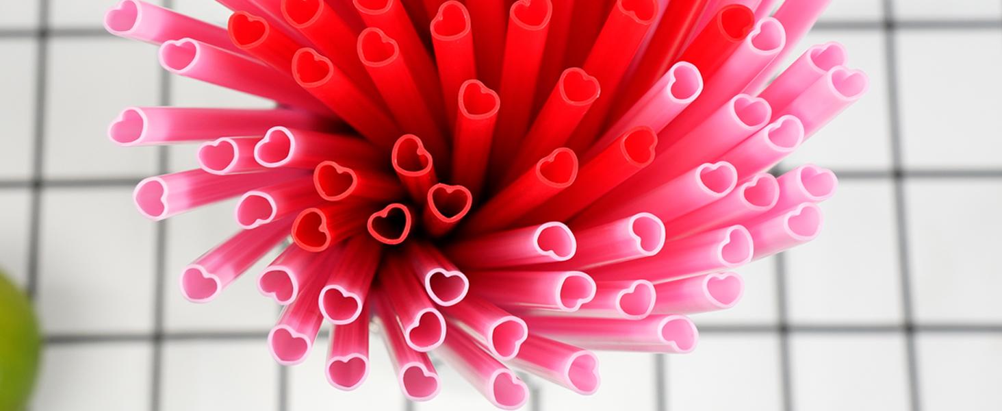 50pcs Heart Shaped Pink Straws 8mm Individually Wrapped Disposable Drinking Straws for Galentine's Brunches,Cocktail, Birthday Parties, Pastel Weddings & Bridal Shower Decorations
