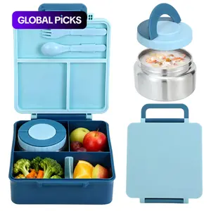 Leakproof Bento Lunch Box with Handle, 4-Compartment Food Container, 8oz Insulated Soup Thermos, Cute Animals Pattern, Ideal for Work or Travel