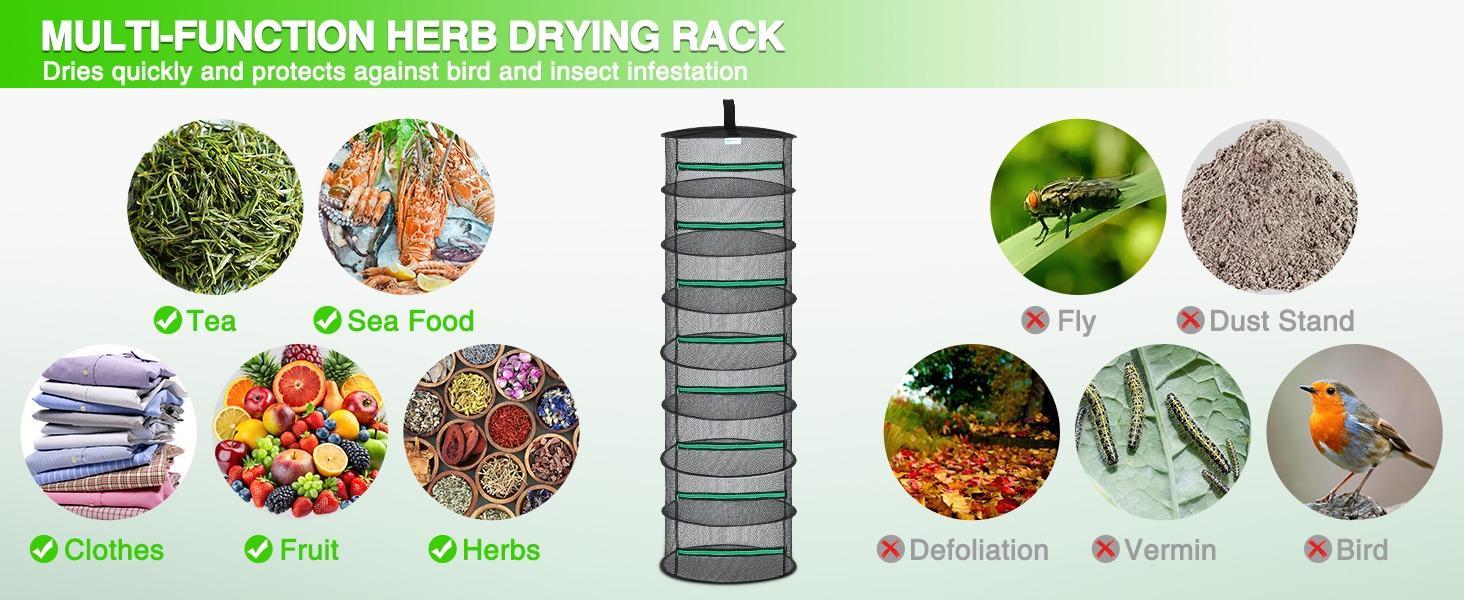 Yesker 8 Layer Herb Drying Rack Hanging Mesh Net Foldable Plant Drying Racks 24" Diameter with Green Zipper & Hook Dryer Hanging Rack for Herbs Seed Bud Fruit Clothes Grow Tent Closets Garden Outdoor