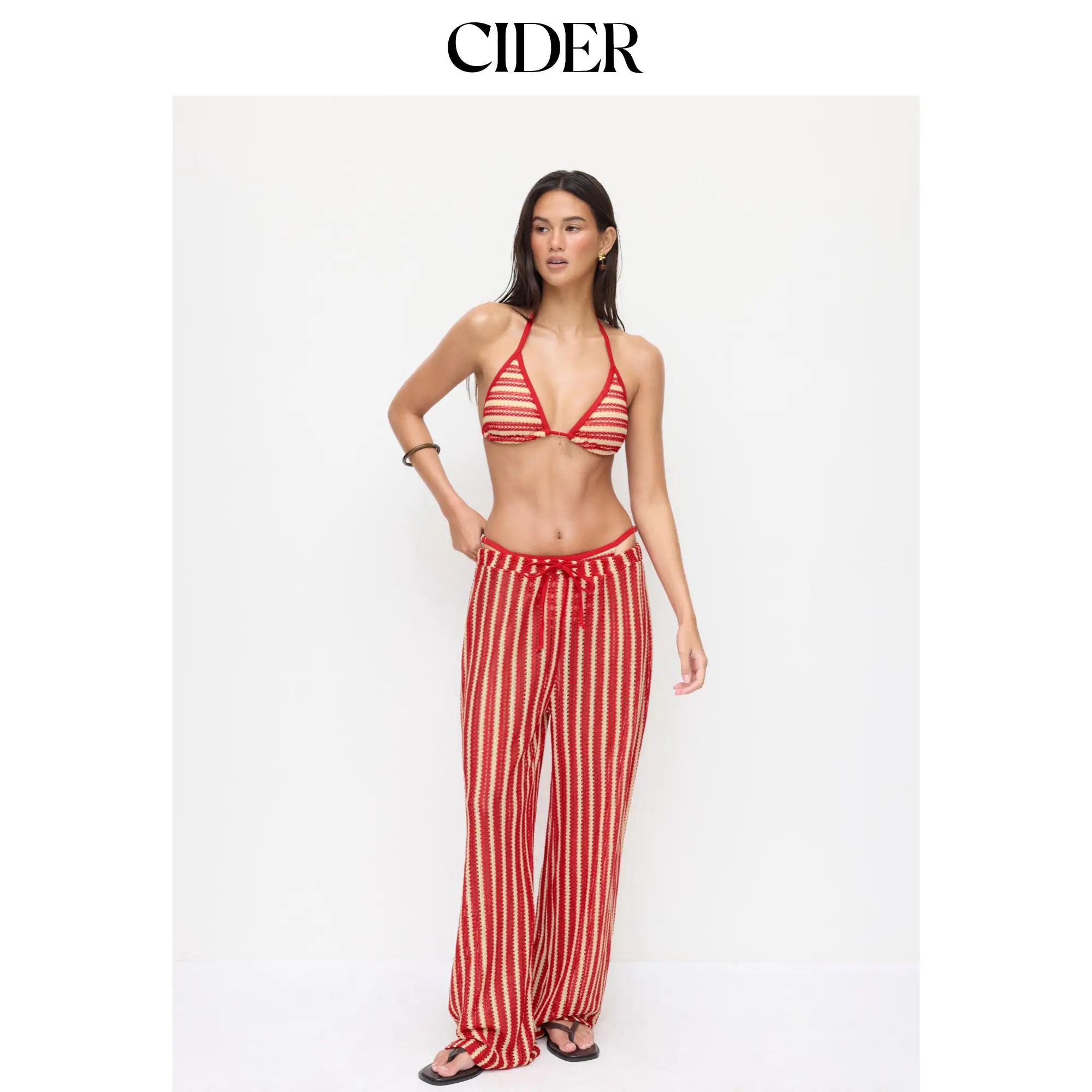 Cider 3-Piece Halter Neckline Striped Triangle Bikini Set With Drawstring Pants