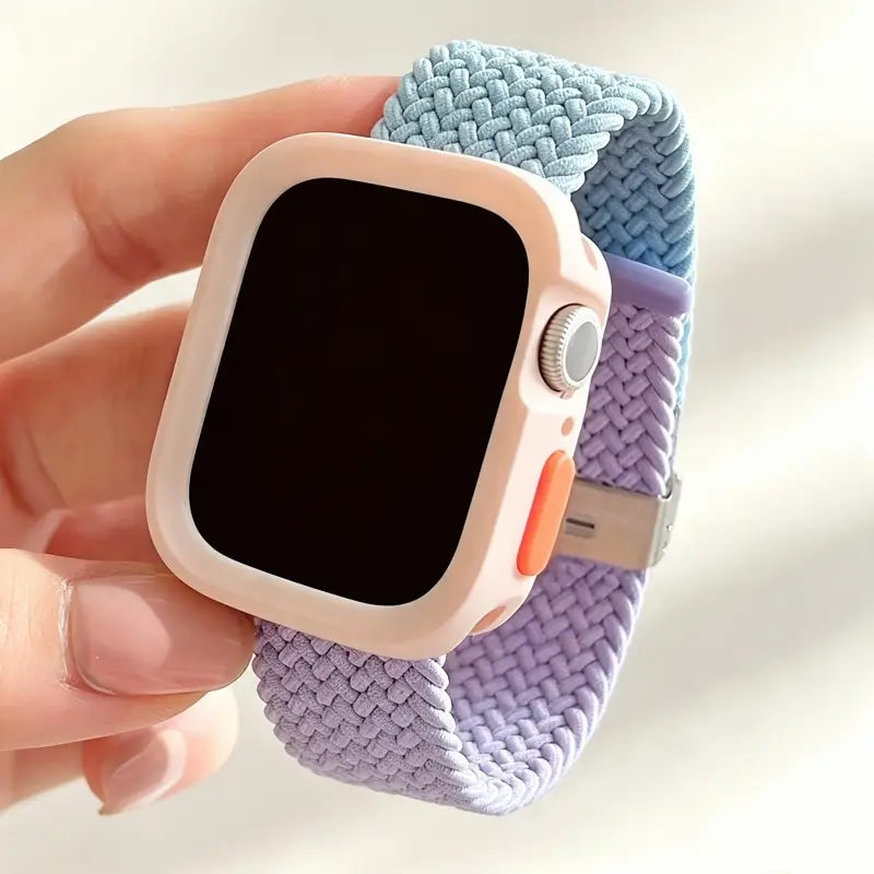 2-Piece Braided Nylon Watch Band & TPU Protective Case Set for 40-49mm Smart Watches, Gradient Adjustable Breathable Woven Strap, Soft Anti-Fall Bumper for Daily & Sports Wear