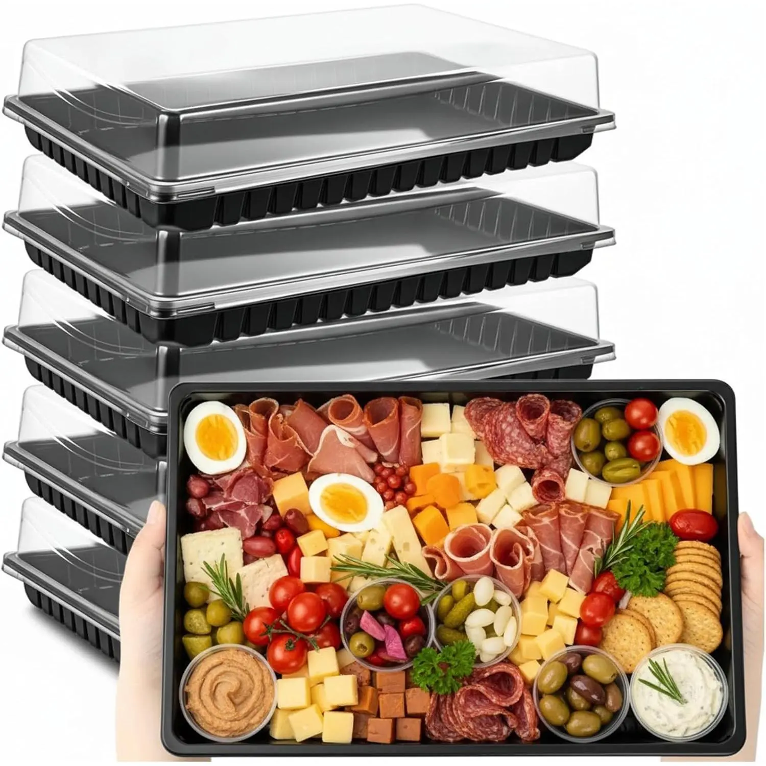 5 Pack Extra Large Charcuterie Board with Lids, 15 x 10 Inch Plastic Catering Trays, Reusable Serving Platters for Cookies, Desserts, Candy, Perfect for Travel & Parties