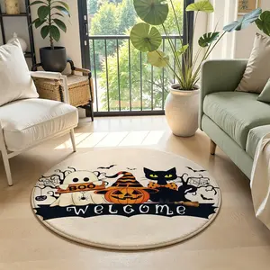 Round Welcome Halloween Doormat, Cute Ghost Black Cat Pumpkin Witch Broom Front Door Mat, Non Slip Farmhouse Spooky Cartoon Entrance Rug for Indoor Outdoor Home Decor