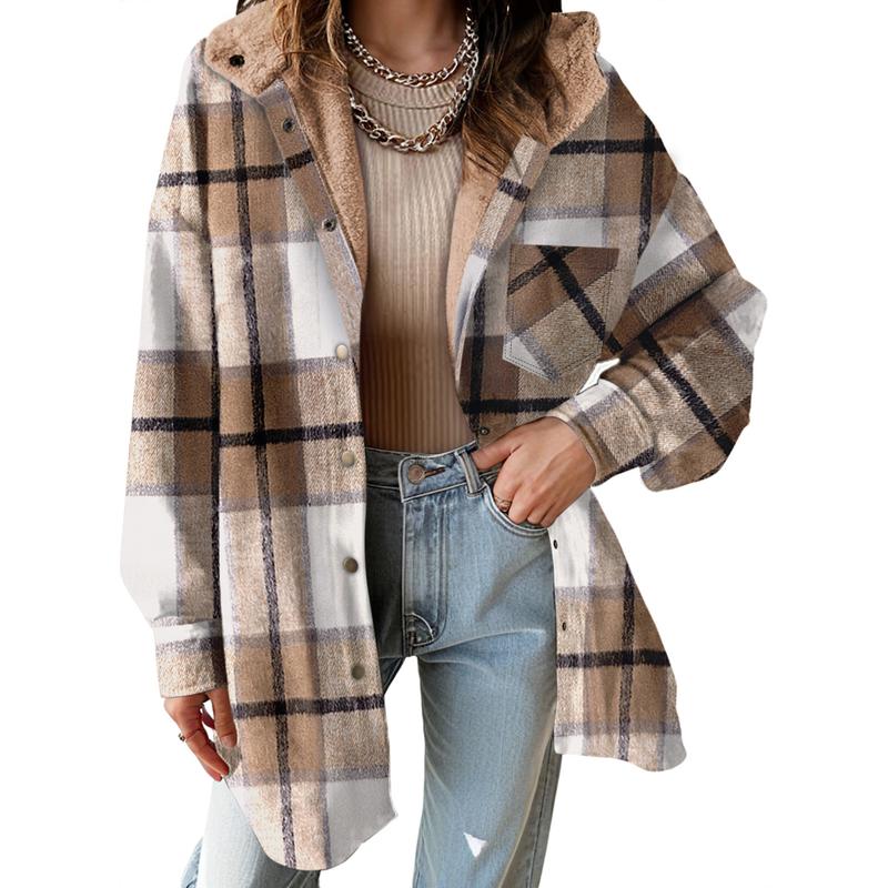 Women's Flannel Hooded Plaid Shacket - Button-Down Thick Fleece-Lined Fuzzy Winter Coat for Extreme Warmth