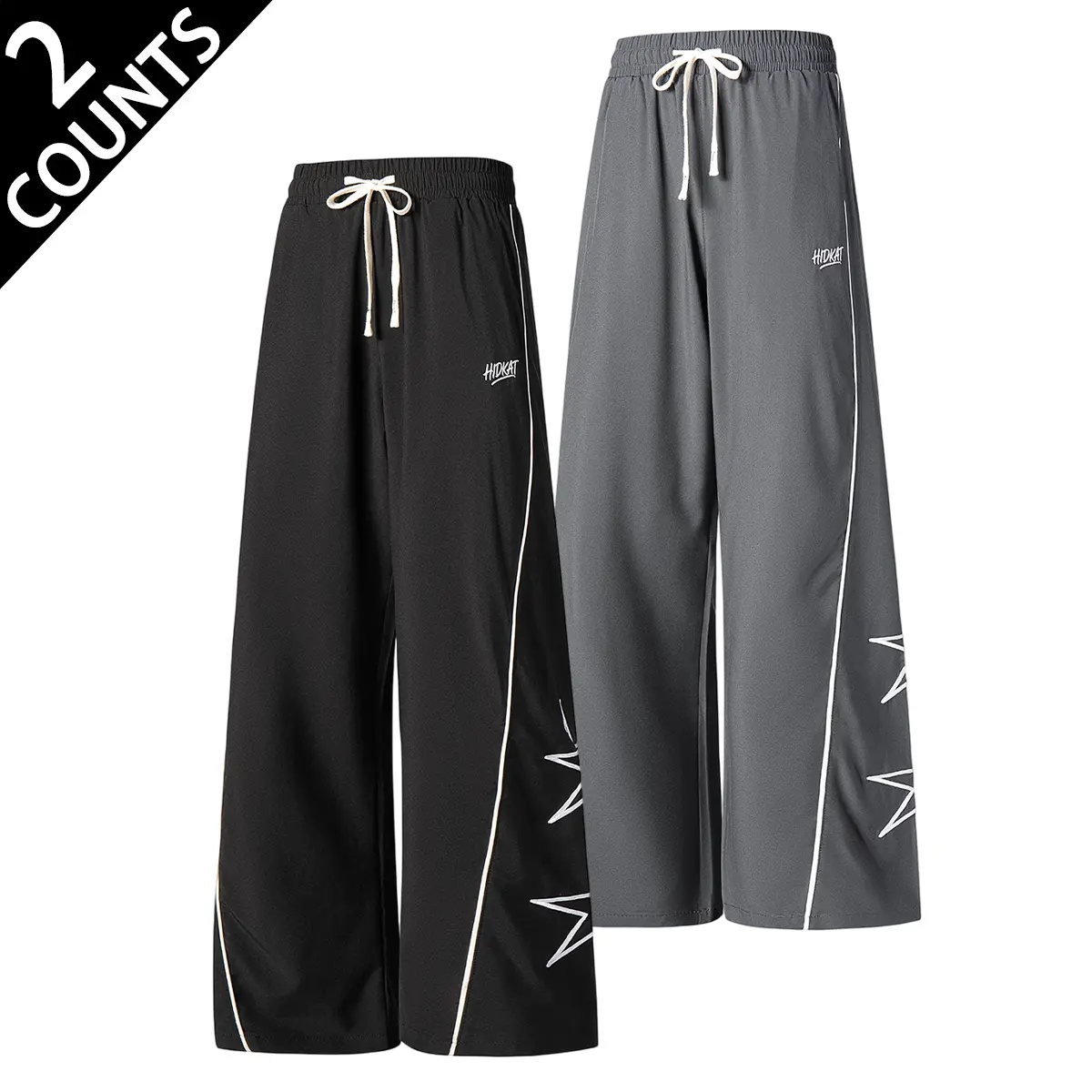 Men's 2-Piece Wide Leg Polyester Blend Sports Pants - Elastic Waistband, Ankle Cuffs, Contrasting Rolled Edges, Star Graphics - for Streetwear Outfits & Daily Casual Use