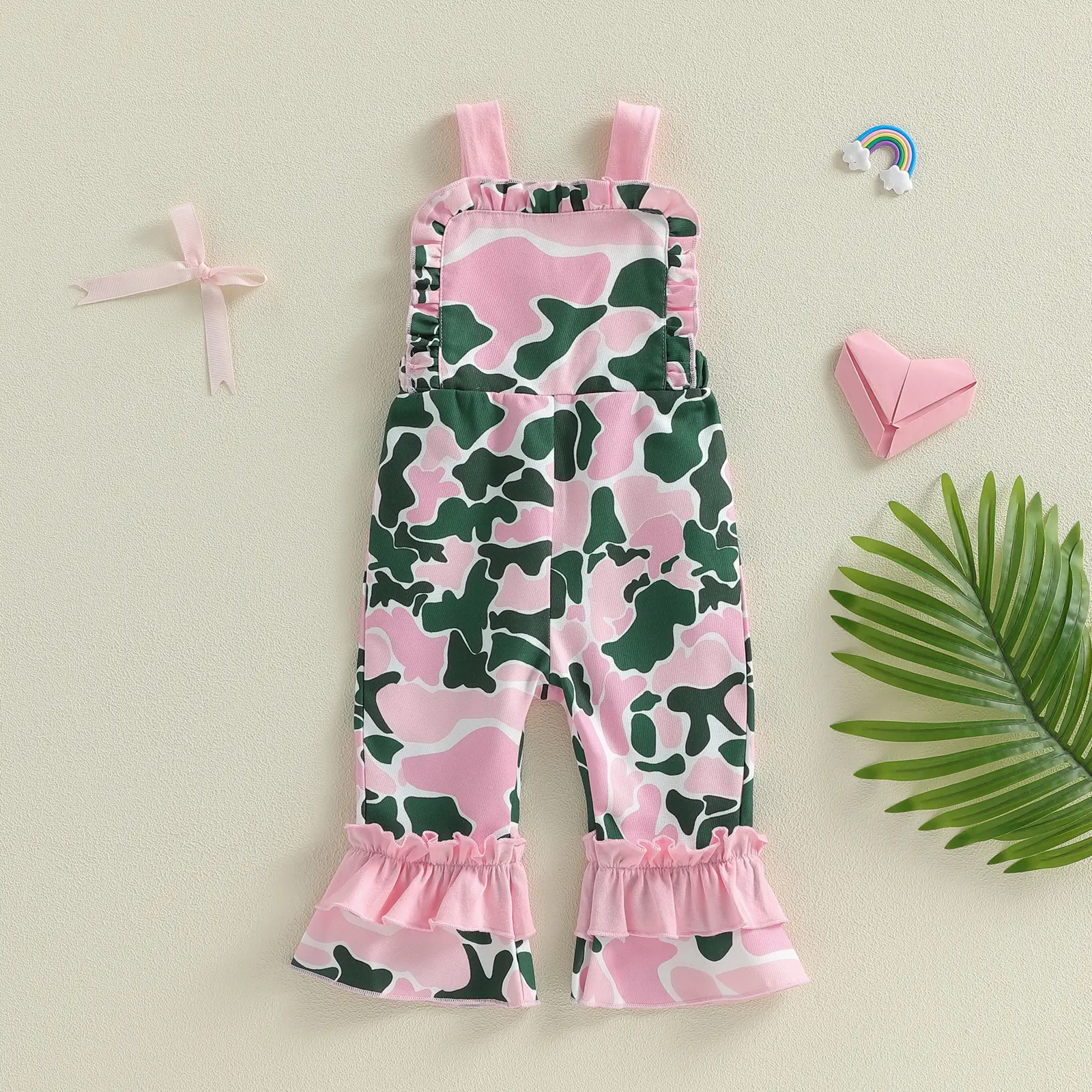 Little Girls Summer Cami Jumpsuit Sleeveless Camouflage Suspender Flared Pants Overalls