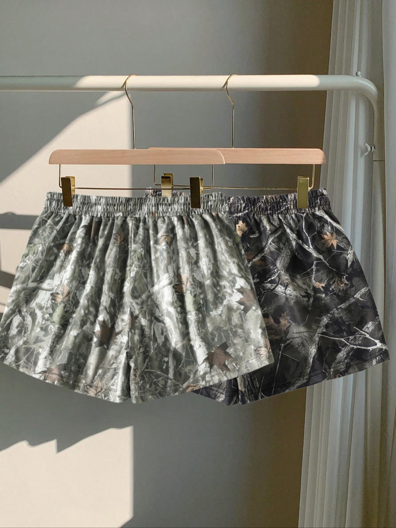 Women's Camo Print Tie Waist Shorts, Casual Comfy Breathable Shorts for Summer, Ladies Bottoms for Daily Wear, Womenswear, Lightweight Printed Shorts, Drawstring Shorts